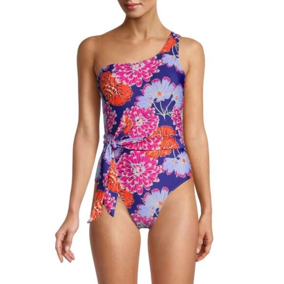 Jones New York One Piece Swimsuit Floral One Shoulder Tie Waist Medium Beach - Picture 1 of 10